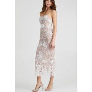 Helsi White & Cream Beige  Strapless Sequin Embroidered Bodycon Midi Dress XS